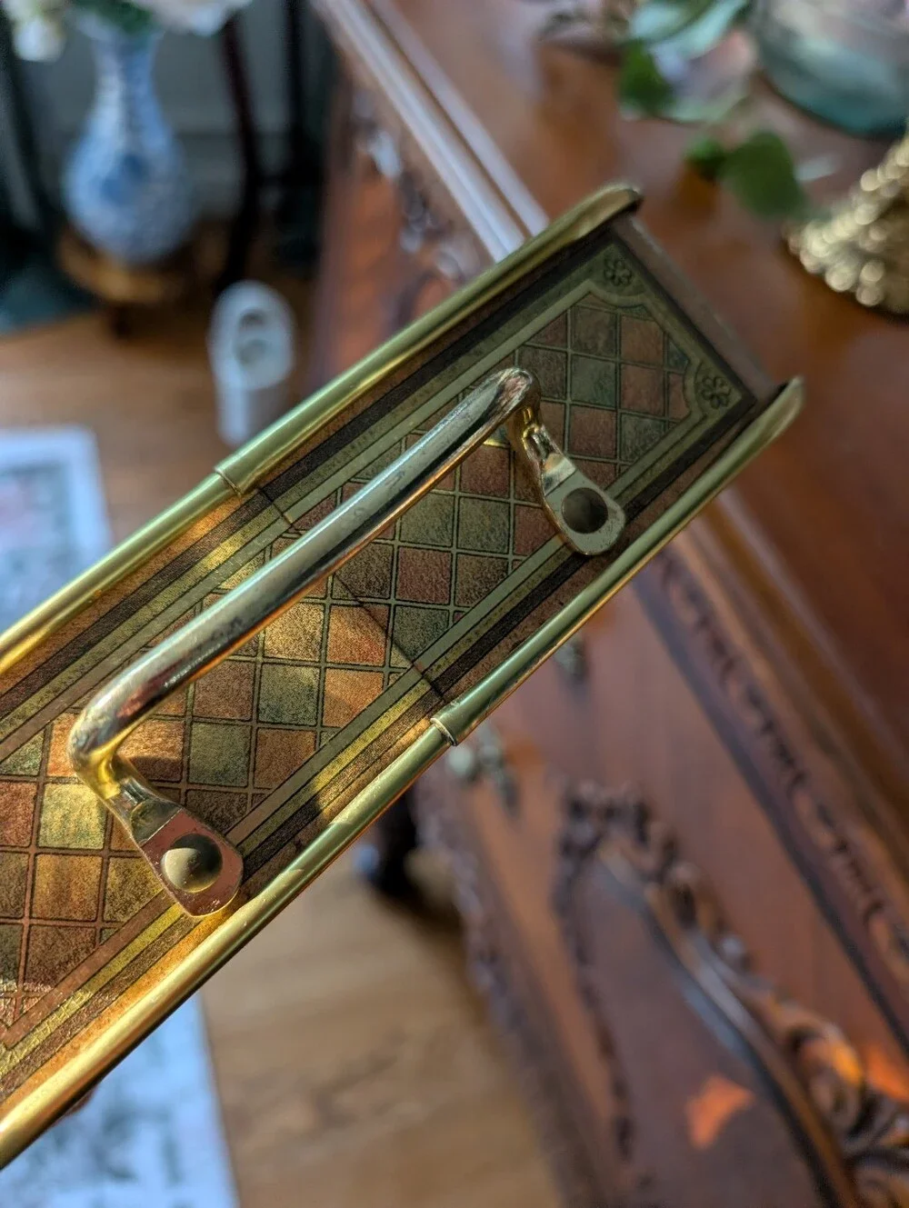 Vintage Pyrex metal casserole dish carrier, retro printed Golden harvest Motif,